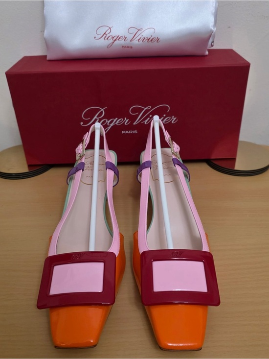 Roger Vivier Shoes - Roger Vivier Pink Orange Patent Slingback Flats with Red Buckle